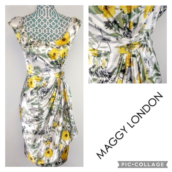 Maggy London Dresses & Skirts - MAGGY LONDON Lined Silky Floral Gathered Faux Wrap Dress 4